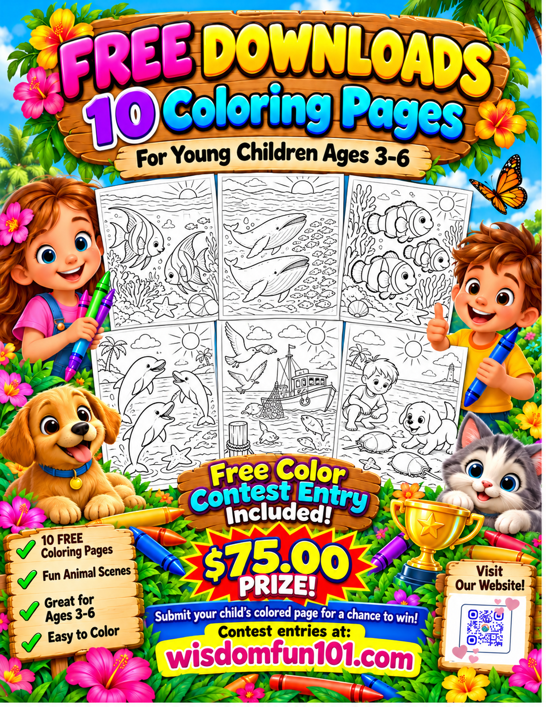 FREE: 10-Page Early Learners Printable Coloring Pack (Ages 4–8) – Instant Download