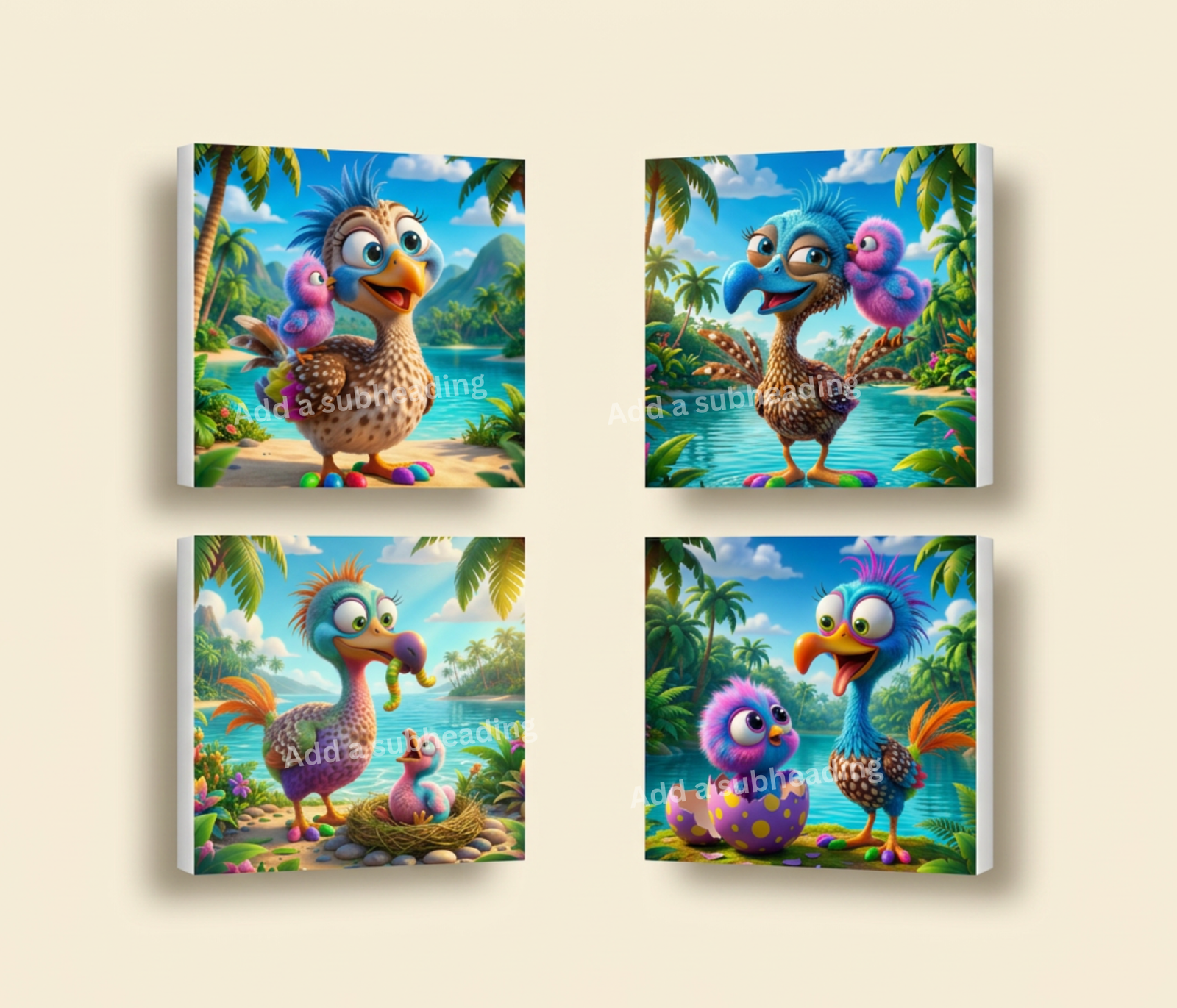 Cartoon Exotic Bird and Chick On A 8x8 Inch Canvas Frame.