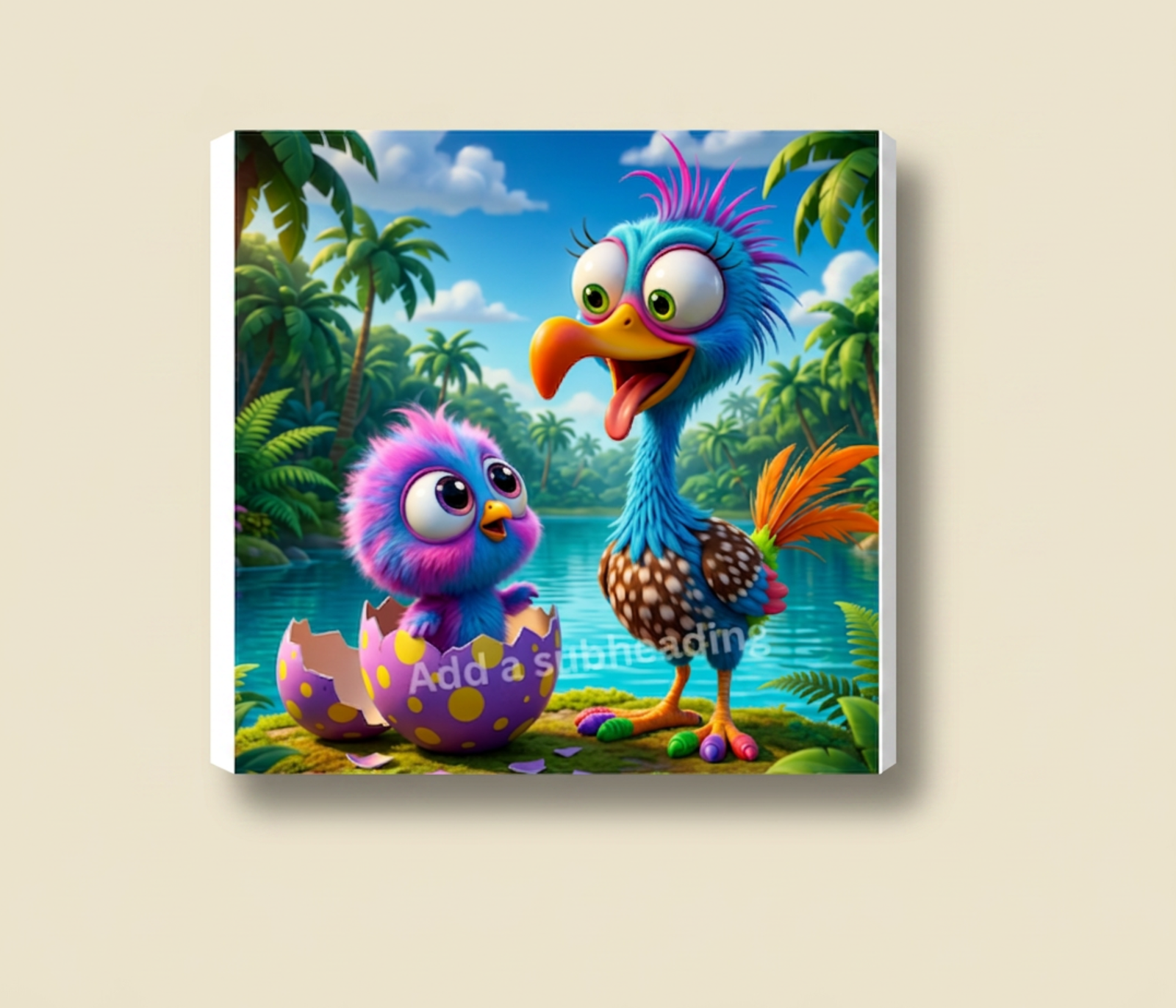 Cartoon Exotic Bird and Chick On A 8x8 Inch Canvas Frame.