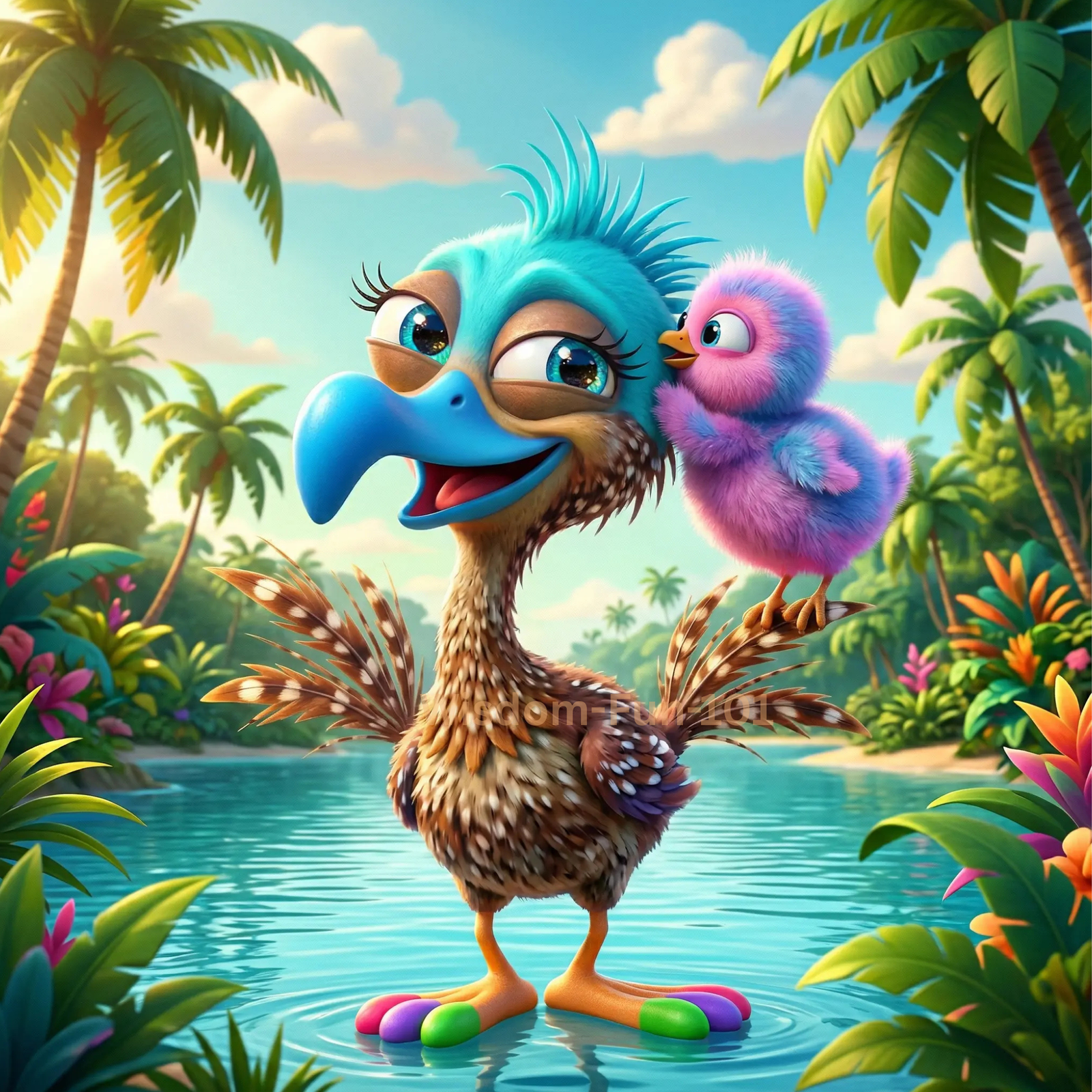 Cartoon Exotic Bird and Chick On A 8x8 Inch Canvas Frame.