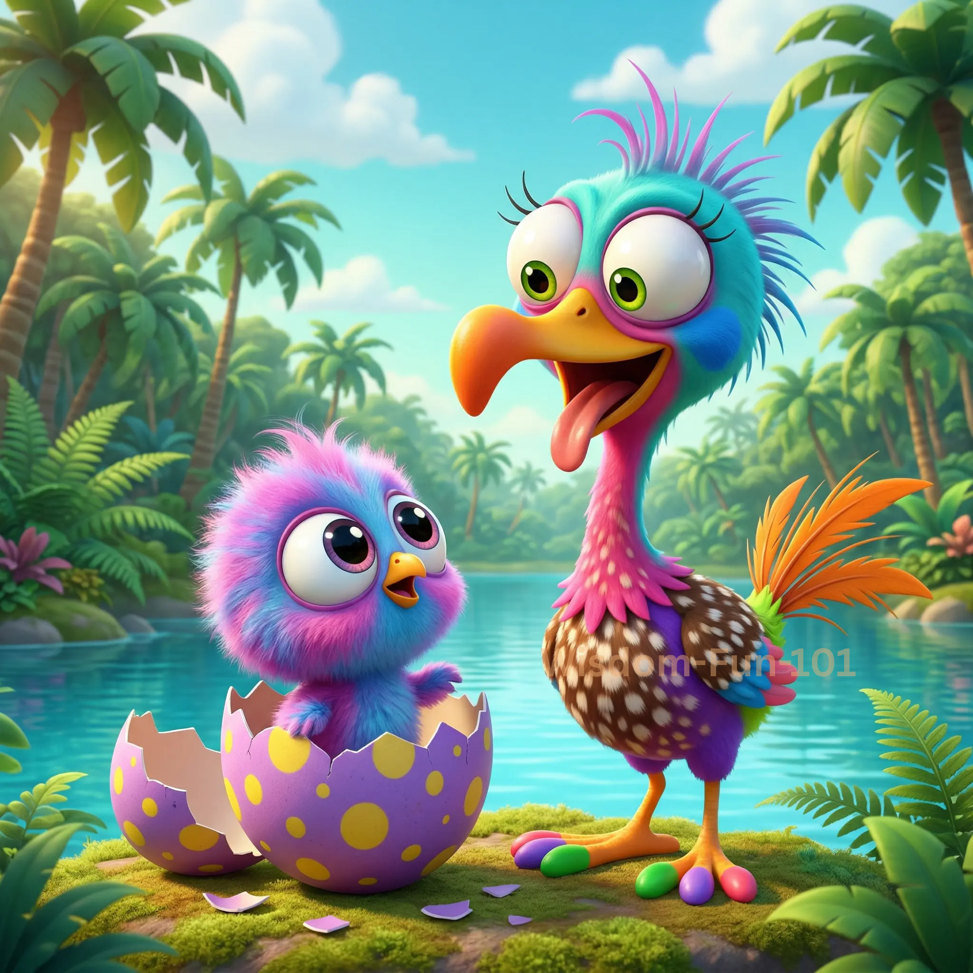 Cartoon Exotic Bird and Chick On A 8x8 Inch Canvas Frame.