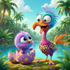 Cartoon Exotic Bird and Chick On A 8x8 Inch Canvas Frame.