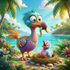 Cartoon Exotic Bird and Chick On A 8x8 Inch Canvas Frame.