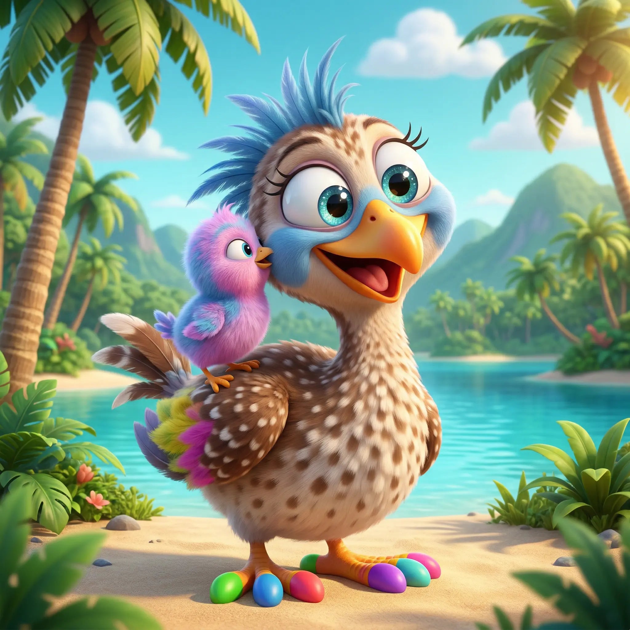 Cartoon Exotic Bird and Chick On A 8x8 Inch Canvas Frame.